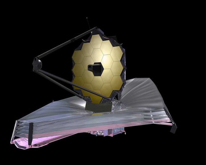 3D-модель космического телескопа Джеймса Уэбба с полностью развёрнутыми компонентами. Фото wikipedia.ru