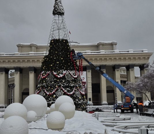 Главную ёлку Новосибирска «в русском стиле» собирают в Театральном сквере
