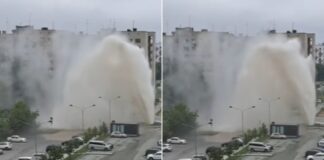Многоэтажный фонтан забил из-под земли на улице Объединения в Новосибирске